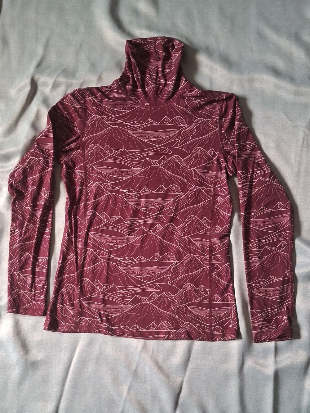 Kyodan Mock Neck Base Layer Top Sz M Burgundy Mountain Print Hiking Gorpcor